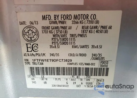 2013 Ford F150 Supercrew из США, поврежденный, VIN 1FTFW1ET9DFC73829